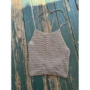 Windsor Crochet Halter Top Taupe Brown Boho Lace Up Back Festival Knit Small